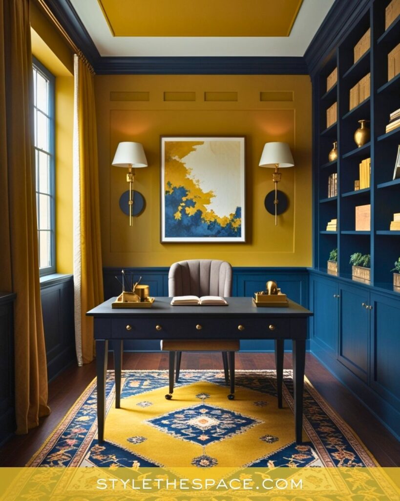 Elegant Yellow Home Office with Navy Paneling and Gold Accents