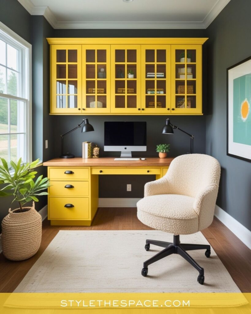 Modern Yellow Home Office with Charcoal Walls and Warm Wood Tones