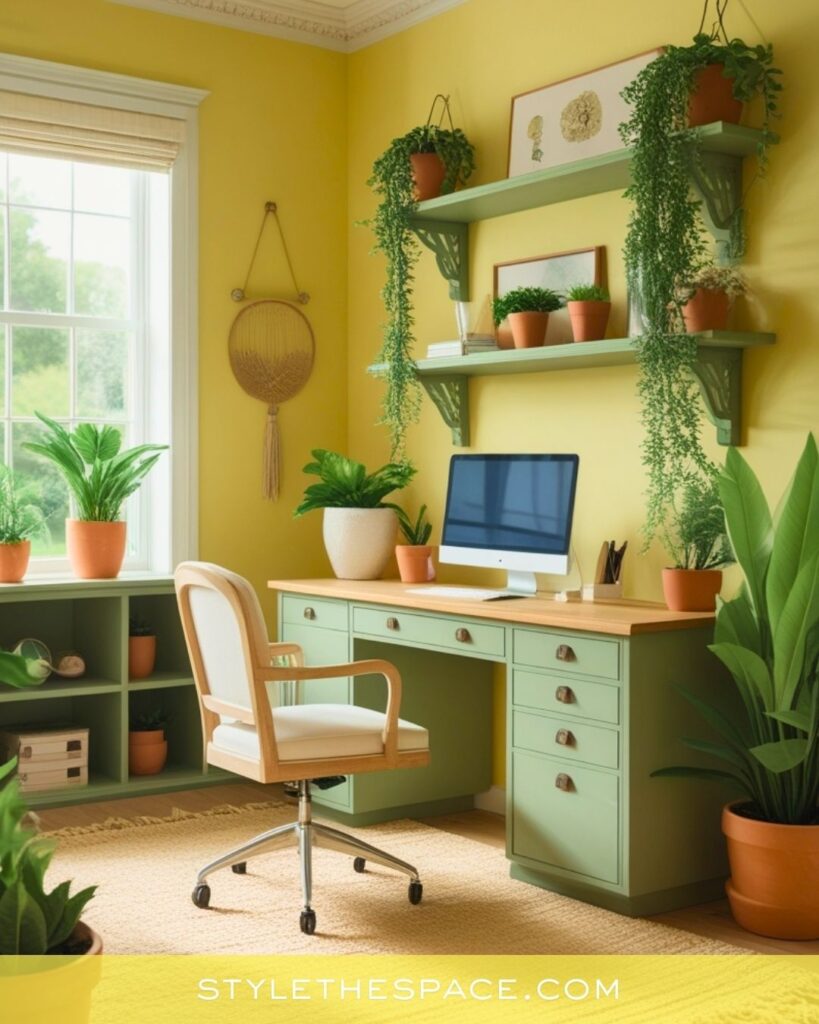 Yellow Home Office with Sage Green Furniture and Natural Plant Styling
