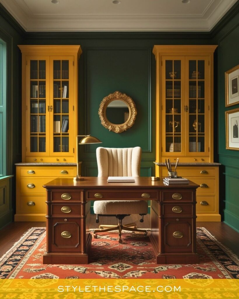 Traditional Yellow Home Office with Deep Green Walls and Classic Wood Furniture