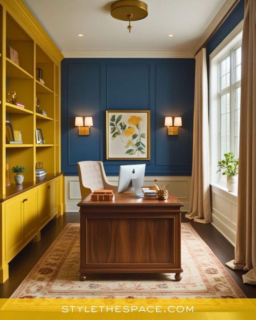 Yellow Home Office with Navy Accent Walls and Classic Wood Furniture