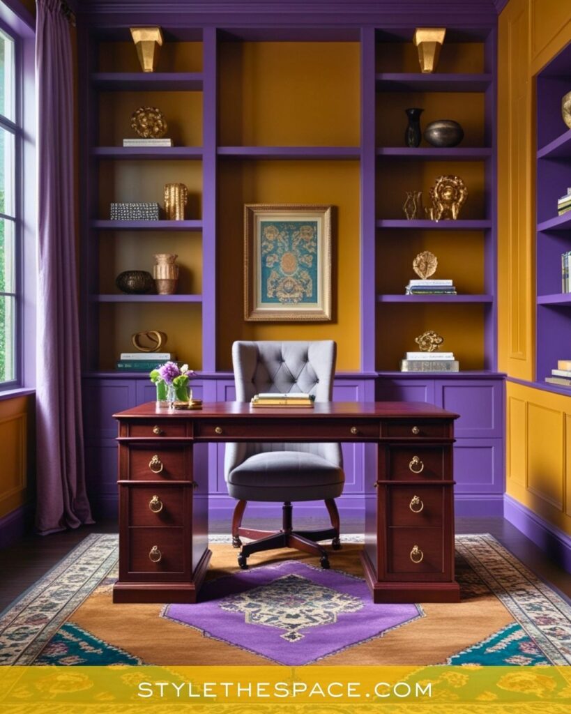 Bold Yellow Home Office with Purple Built-Ins and Rich Wood Accents