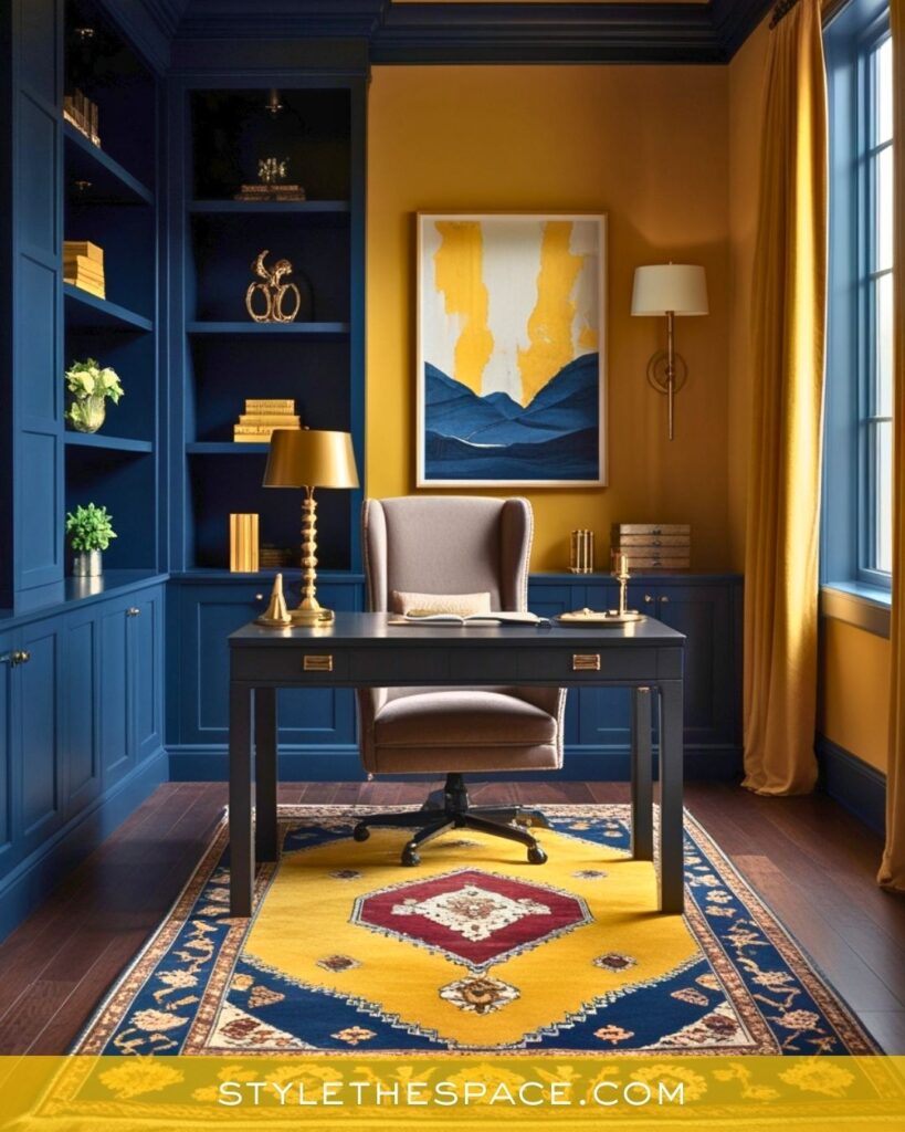 Yellow Home Office with Navy Built-Ins and Refined Gold Details