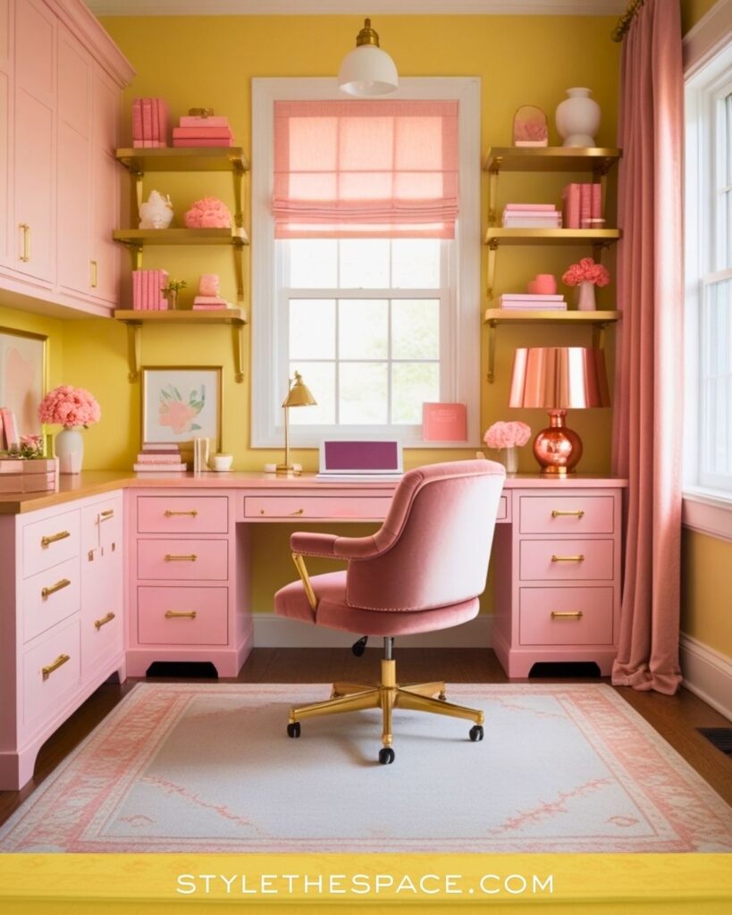 Chic Yellow Home Office with Soft Pink Cabinets and Gold Accents