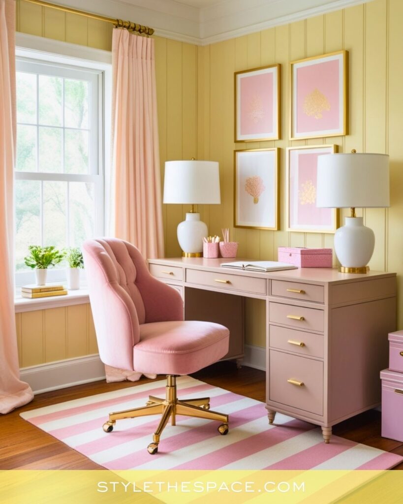 Soft Yellow Home Office with Elegant Pink Accents