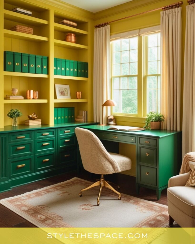 Yellow Home Office with Deep Green Cabinets and Warm Neutral Accents