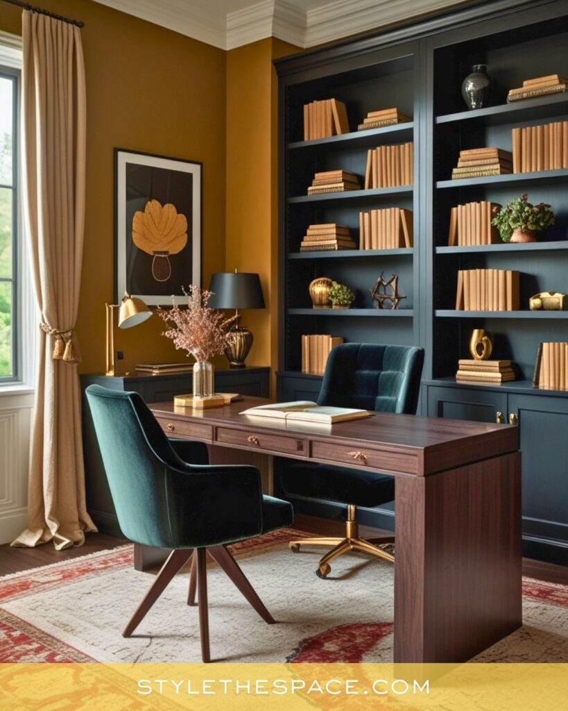 Warm Yellow Home Office with Black Built-Ins