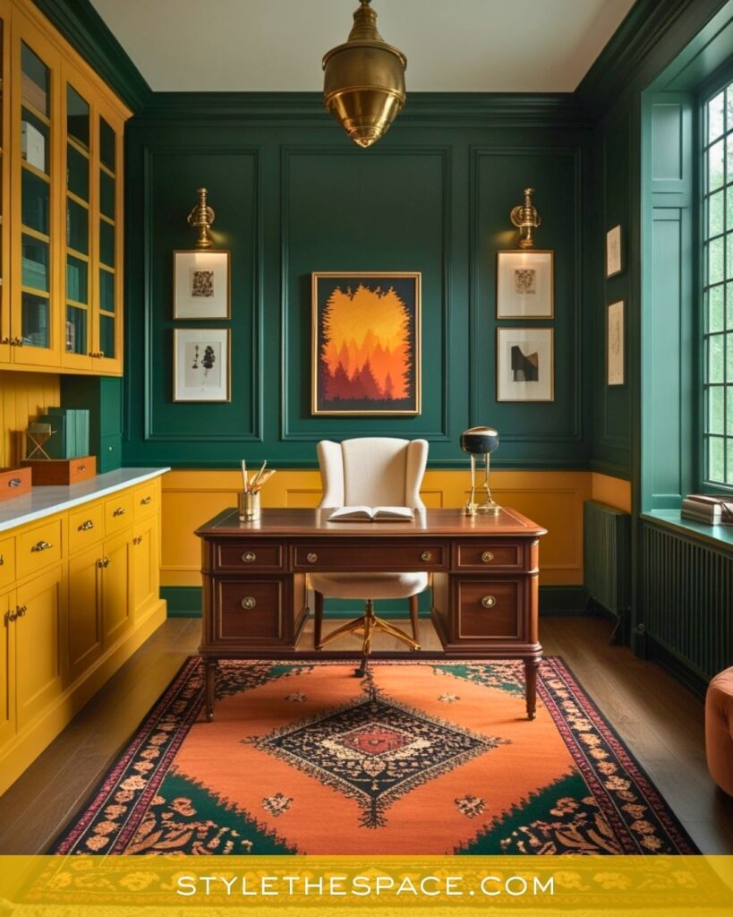 Yellow Home Office with Deep Green Walls and Classic Wood Desk