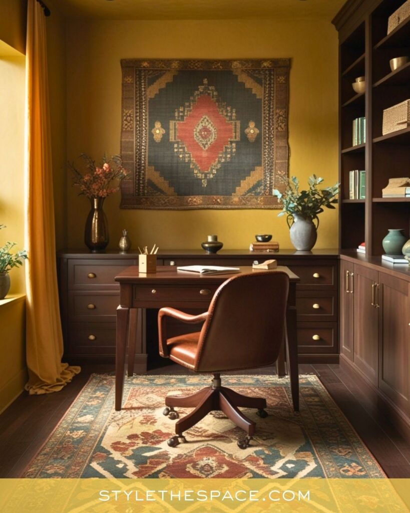 Cozy Yellow Home Office with Dark Wood Cabinets and Warm Textures