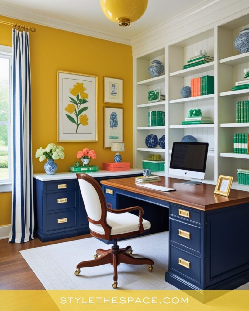 Classic Yellow Home Office with Navy and White Accents