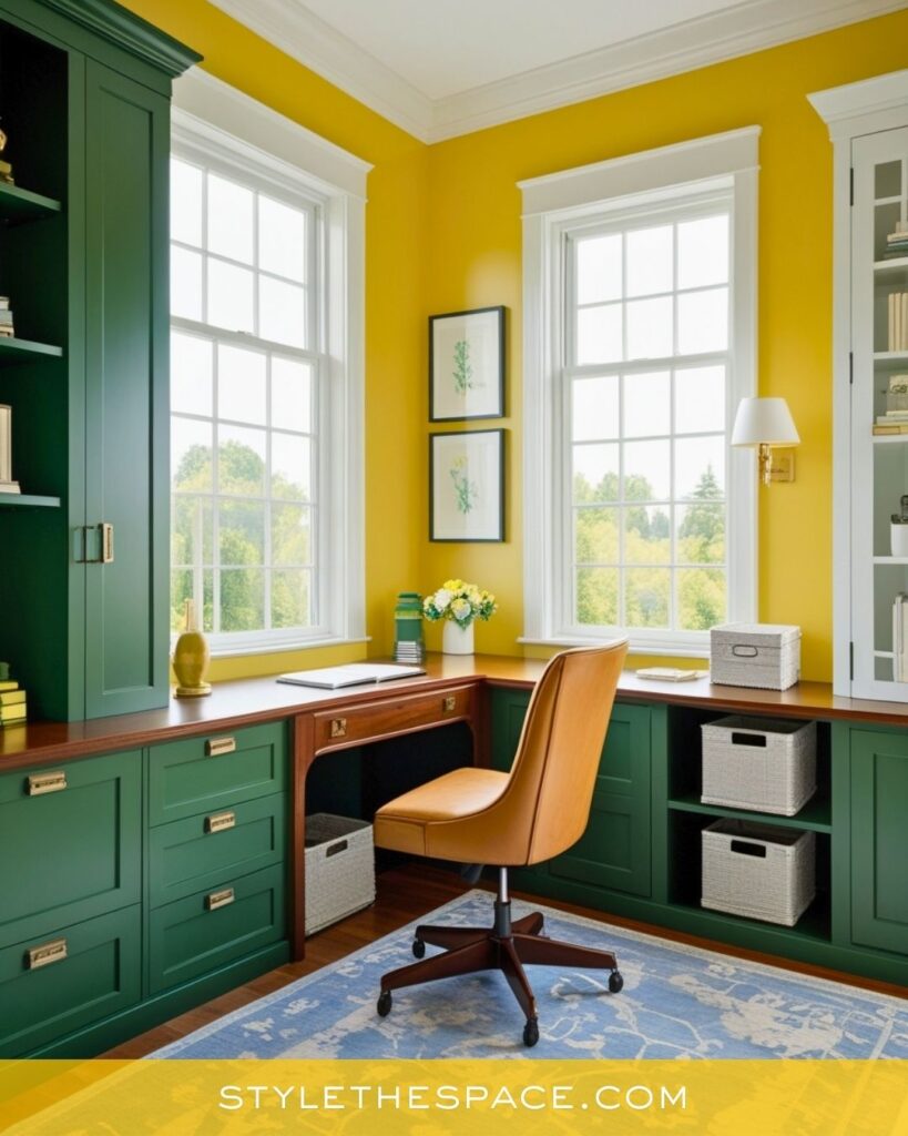 Yellow Home Office with Rich Green Built-Ins