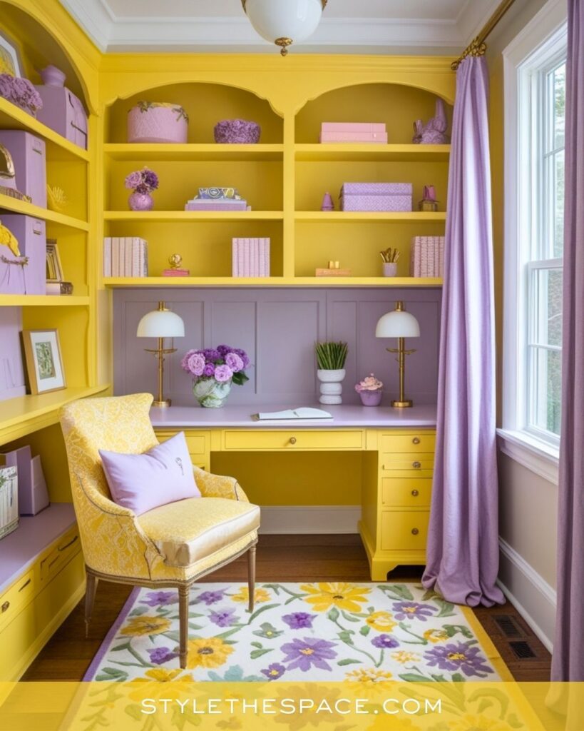 Yellow Home Office with Lavender Accents 