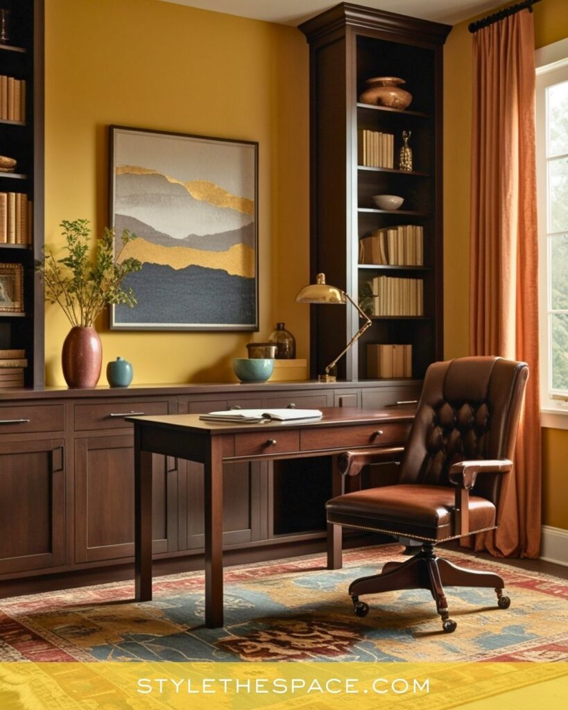 Warm Yellow Home Office with Rich Wood Tones