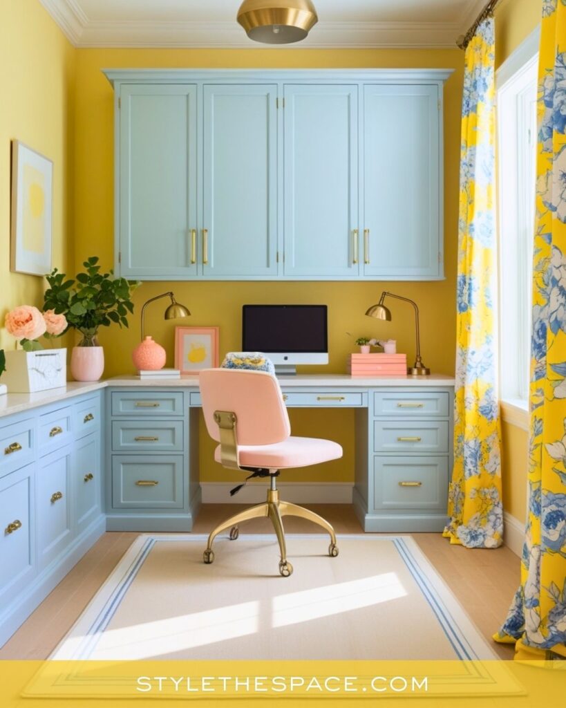 Yellow Home Office with Soft Blue Cabinetry and Pastel Accents