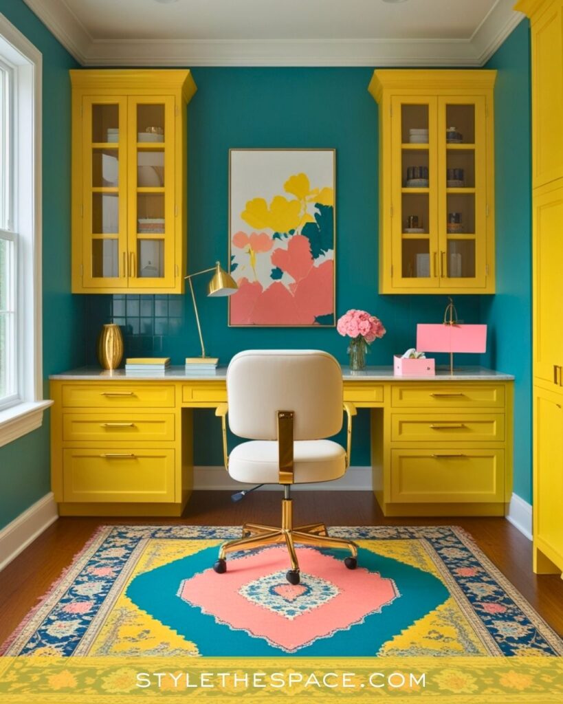 Bold Yellow Home Office with Teal Walls and Playful Color Accents