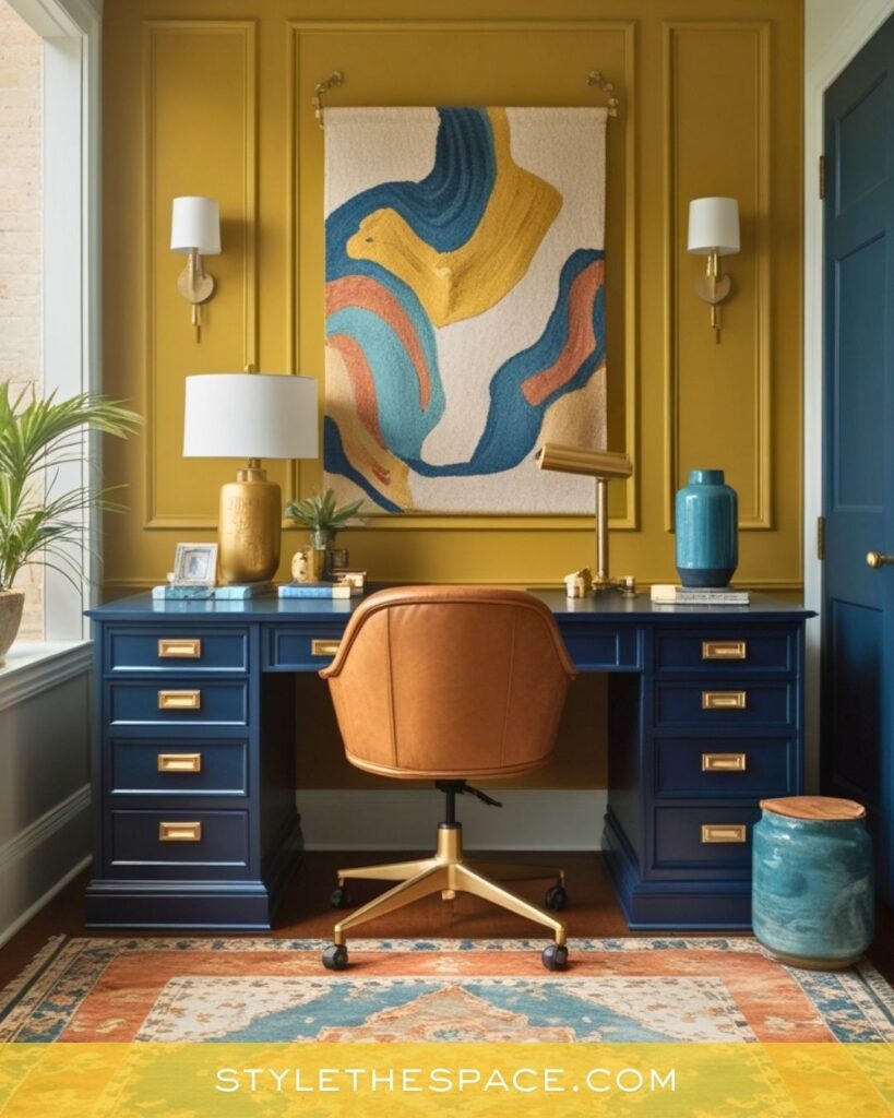 Moody Yellow Home Office with Navy Furnishings and Warm Leather