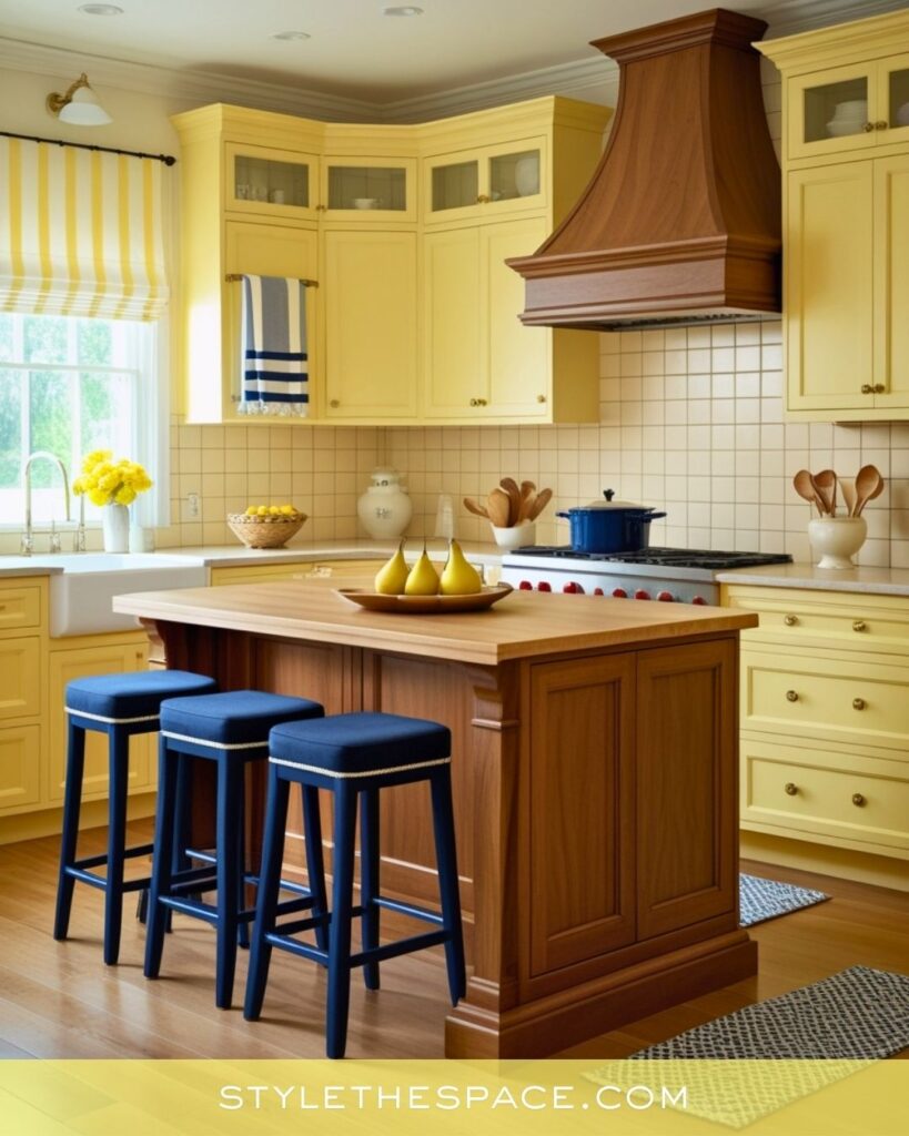 Elegant Yellow Kitchen with Warm Wood and Navy Accents