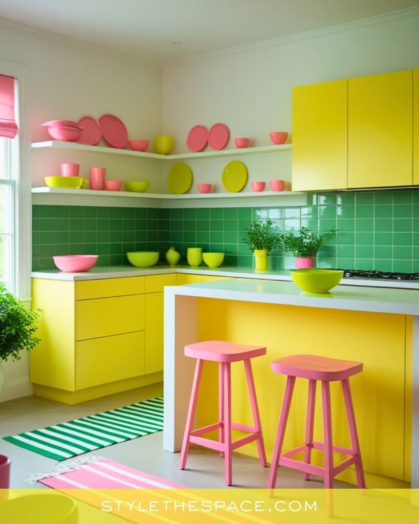 Playful yellow kitchen with pink and green accents