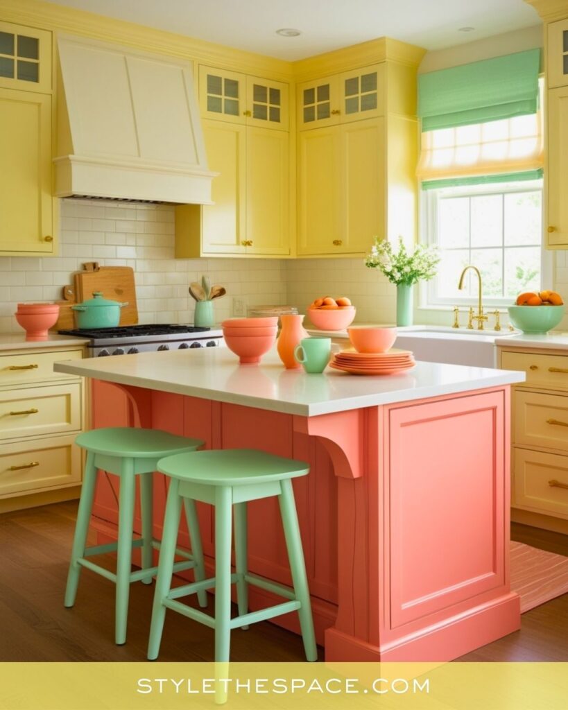 Yellow kitchen with coral and mint accents