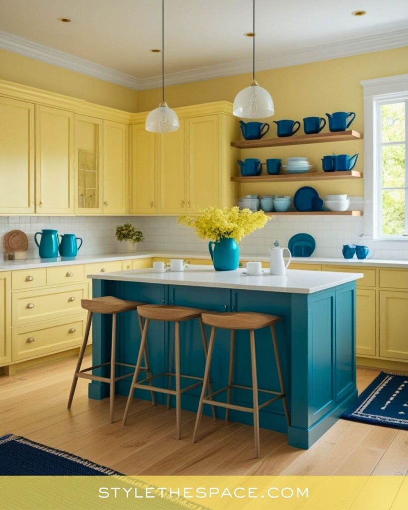 Yellow kitchen with bold teal island accents