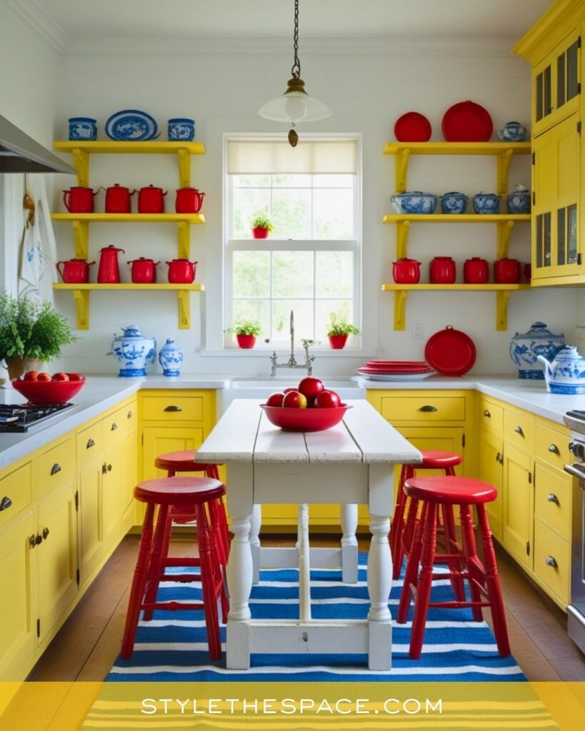 Yellow kitchen with bold red and blue accents