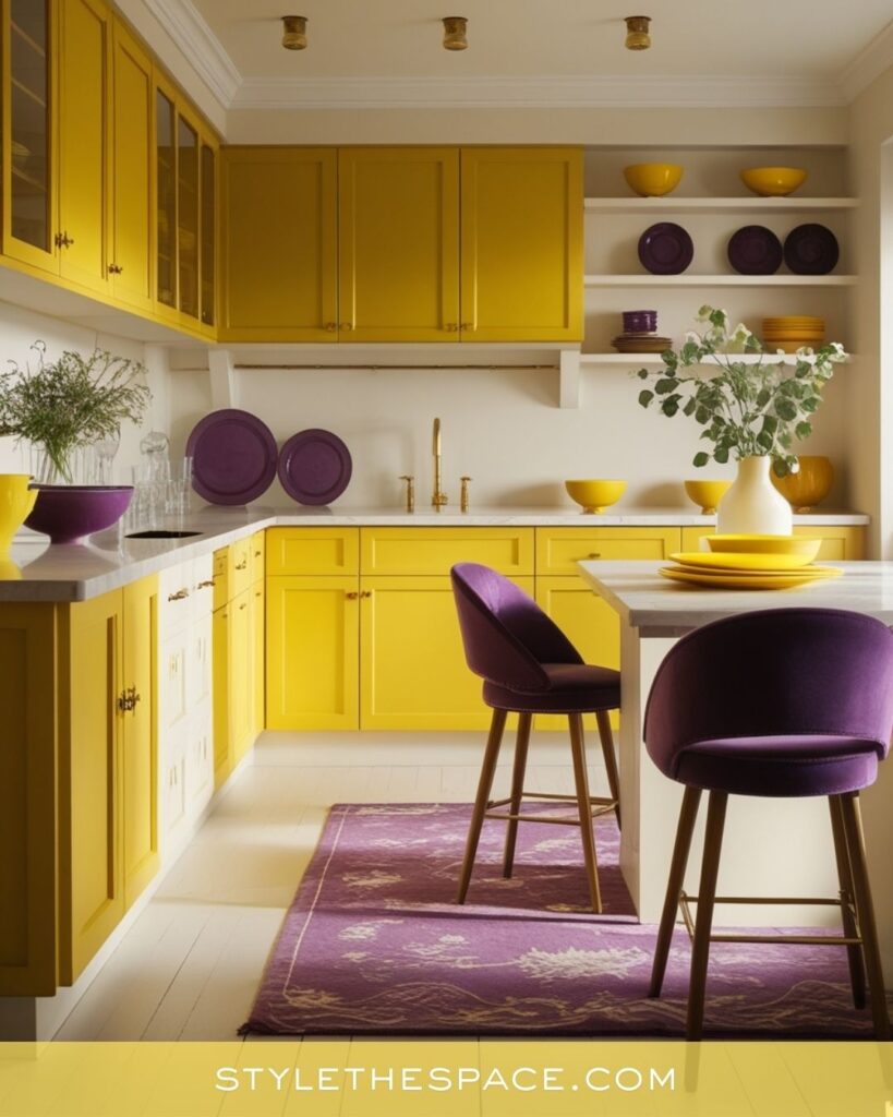 Yellow kitchen with bold purple accents