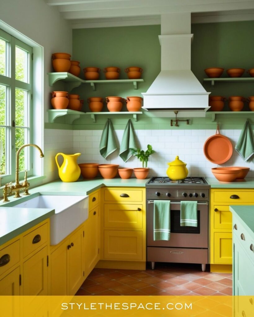 Yellow kitchen with terracotta and sage accents
