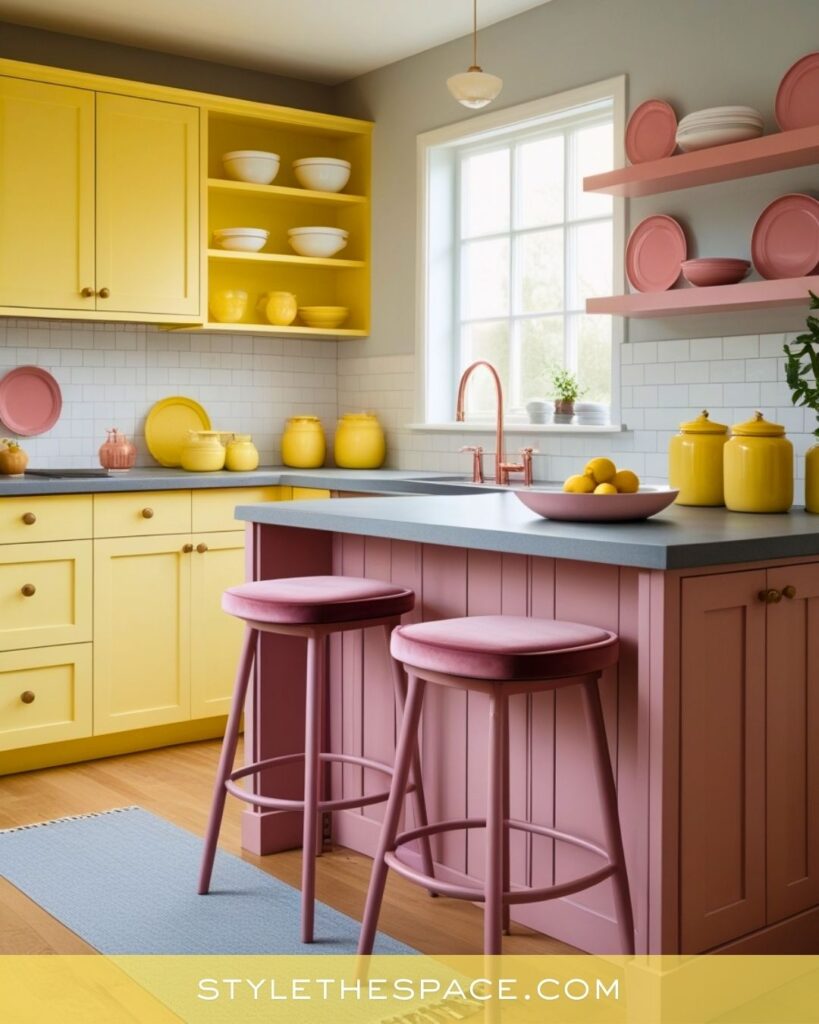 Yellow kitchen with soft pink and grey accents