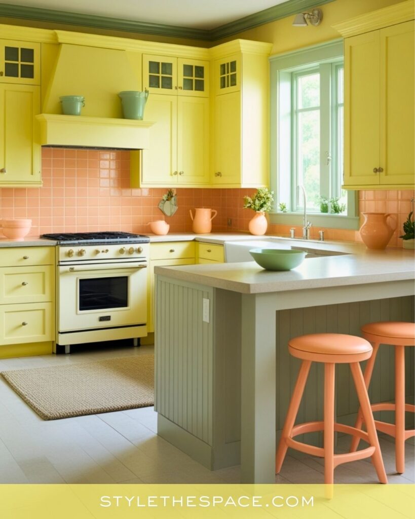 Yellow kitchen with peach and sage accents