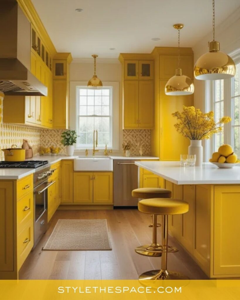 Yellow kitchen with gold accents and warm neutrals