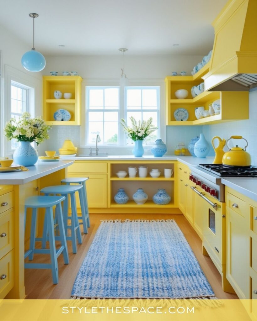 Bright yellow kitchen with soft blue accents