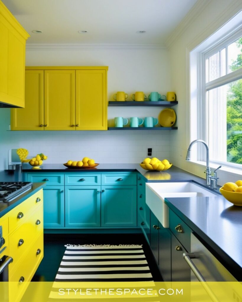 Yellow kitchen with bold teal cabinets