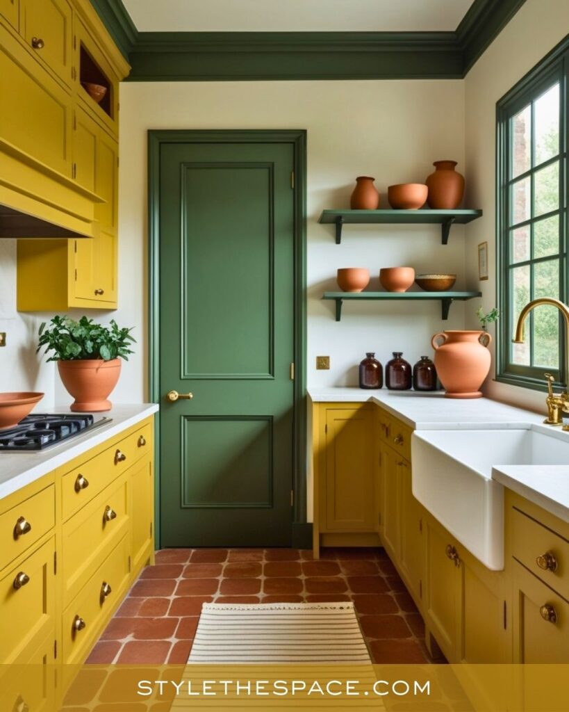 Yellow kitchen with earthy green and terracotta accents