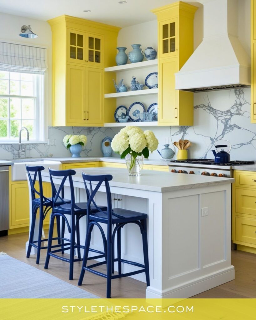 Yellow kitchen with classic blue accents
