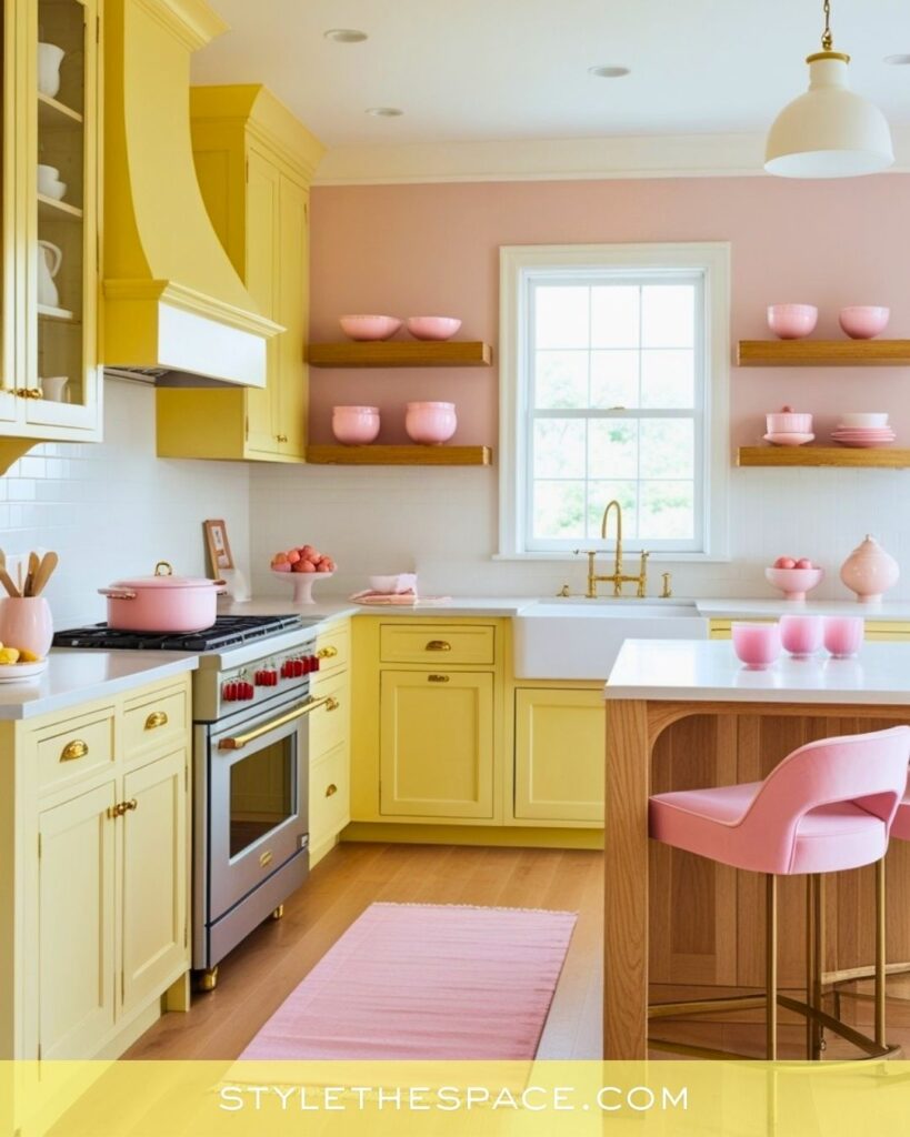 Yellow kitchen with soft pink accents