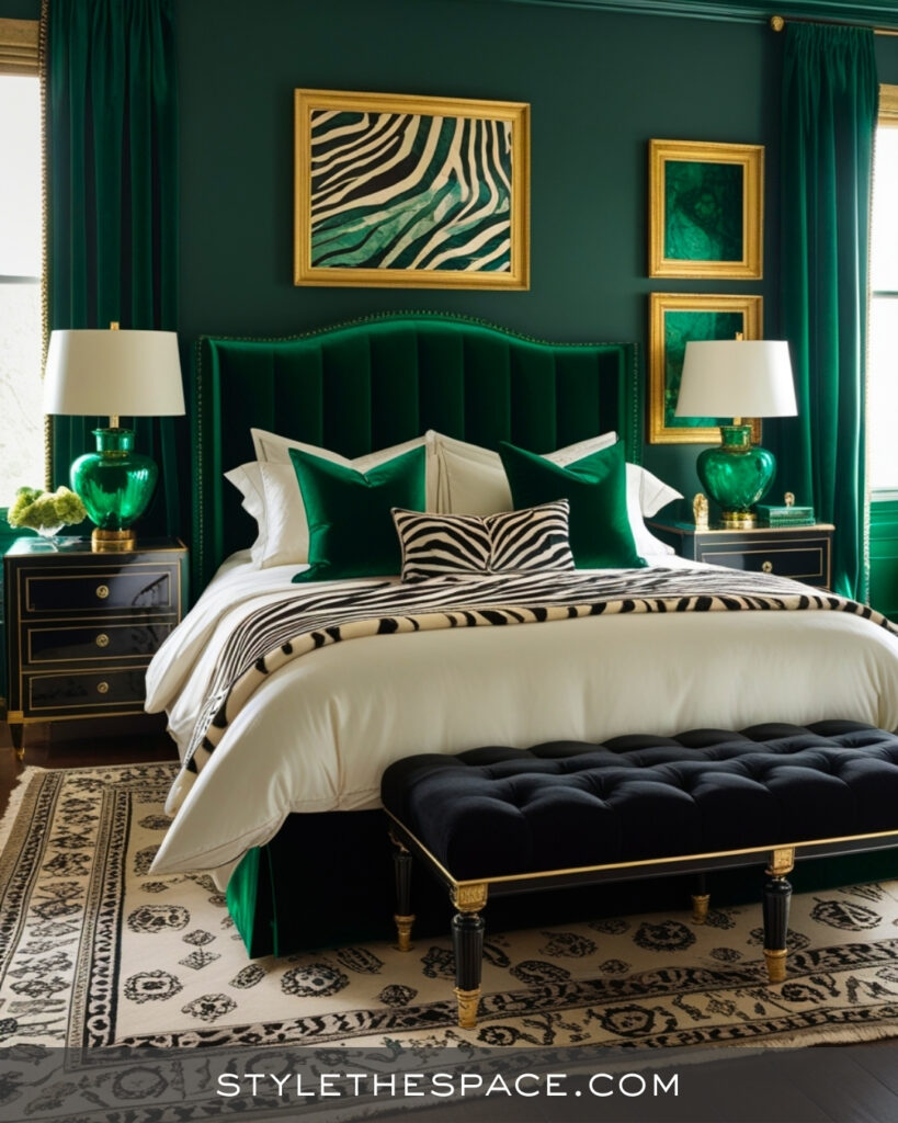 Zebra Print Bedroom With Emerald Green Accents