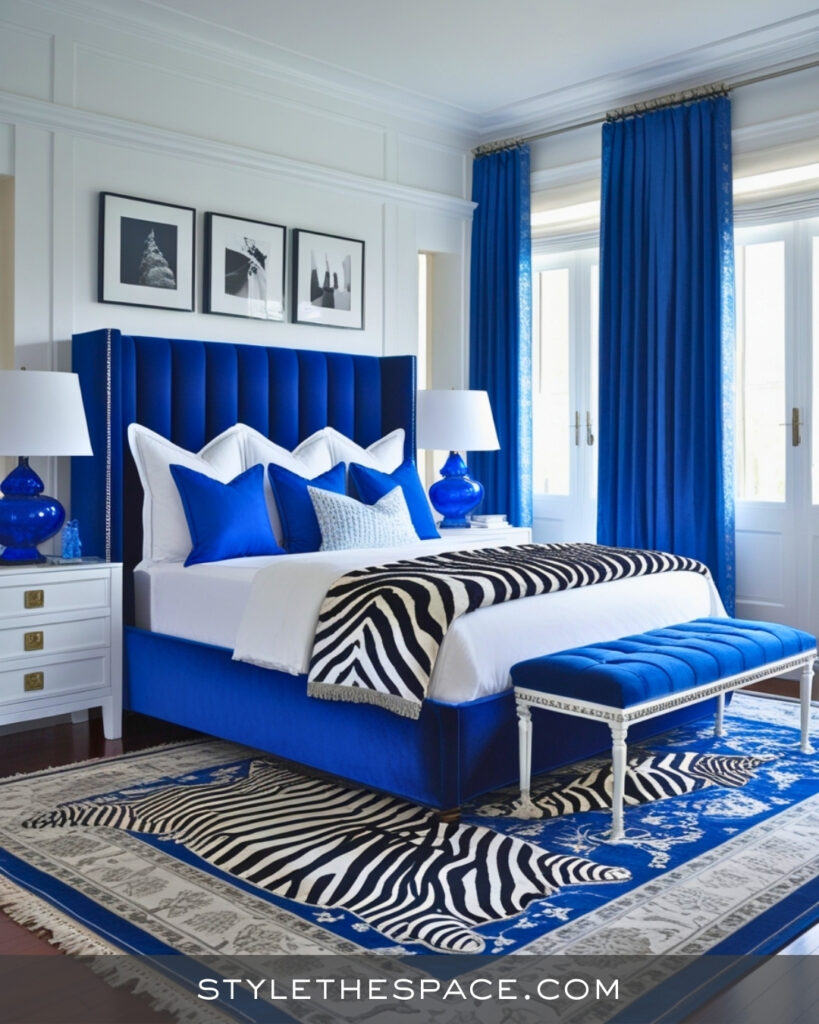 Zebra Print Bedroom With Bold Blue Accents