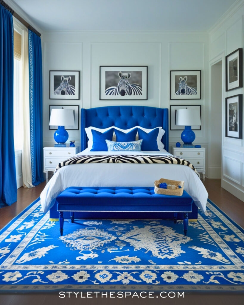 Zebra Print Bedroom With Bold Blue Accents