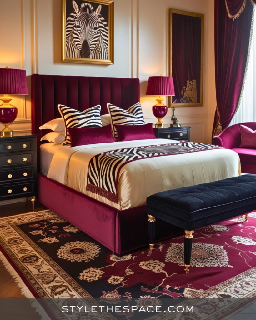 Zebra Print Bedroom With Rich Burgundy and Gold