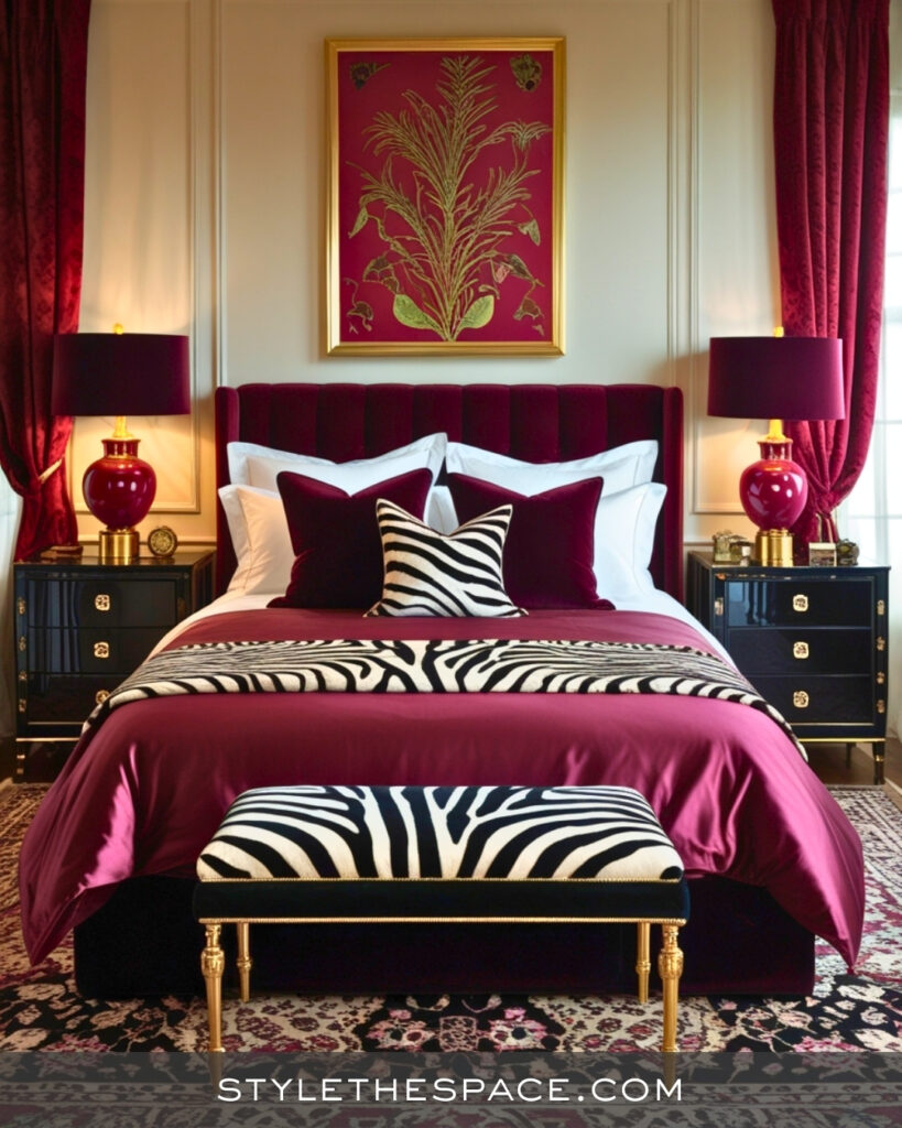 Zebra Print Bedroom With Rich Burgundy and Gold