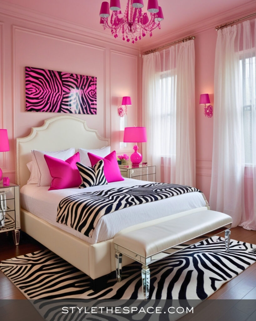 Zebra Print Bedroom With Bold Pink Glam
