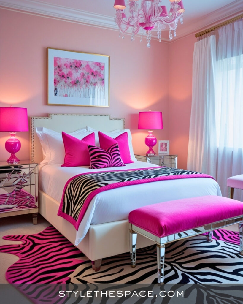 Zebra Print Bedroom With Bold Pink Glam