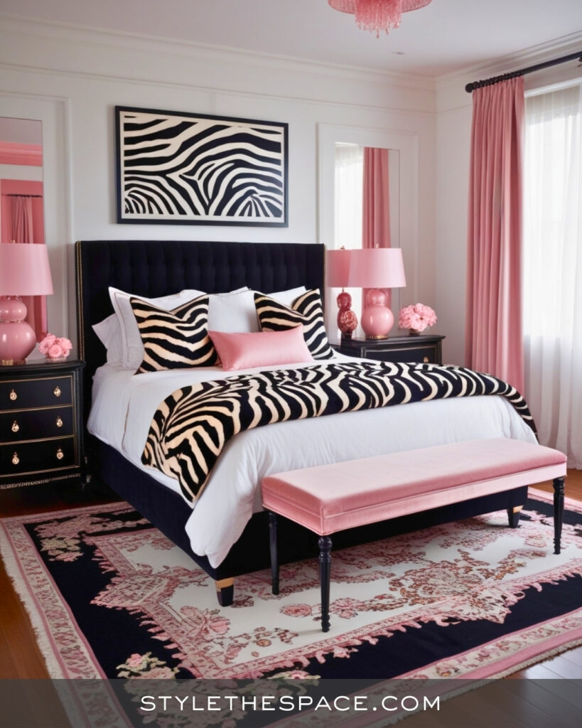 Zebra Print Bedroom With Soft Pink Accents