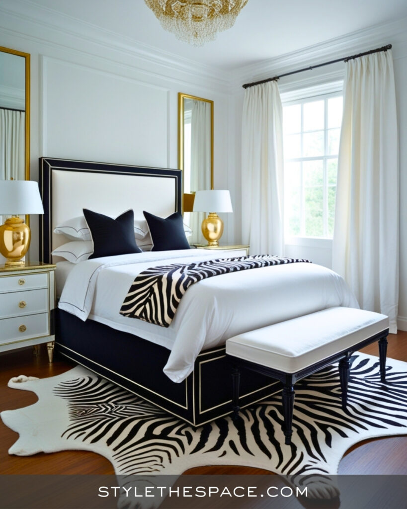 Zebra Print Bedroom With Black, White, and Gold