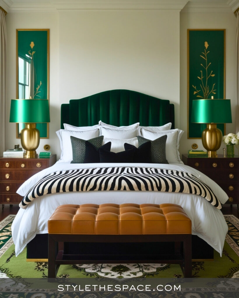 Zebra Print Bedroom With Emerald Green and Gold