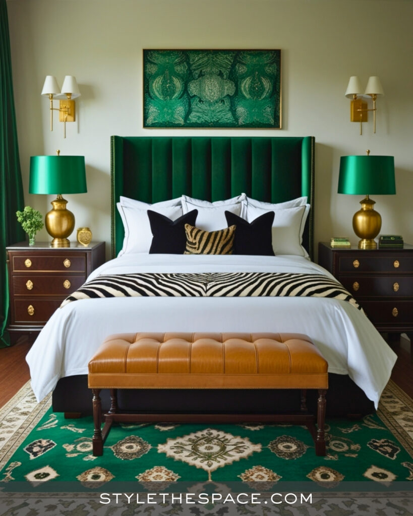 Zebra Print Bedroom With Emerald Green and Gold