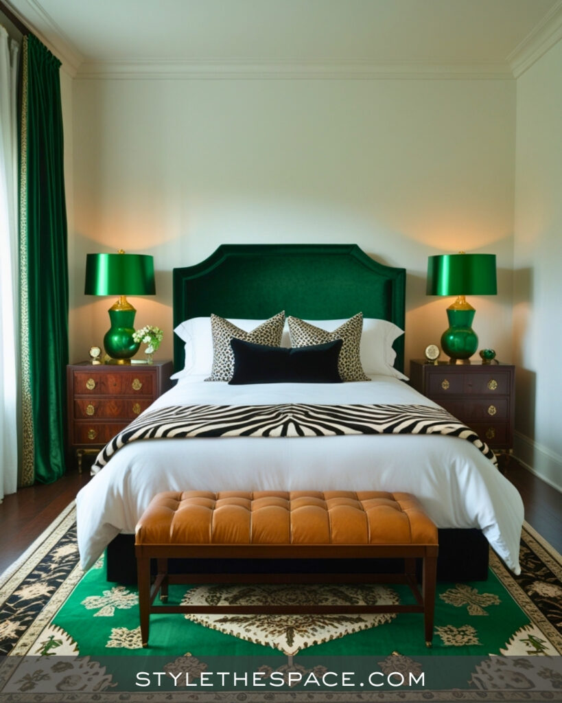 Zebra Print Bedroom With Emerald Green and Gold