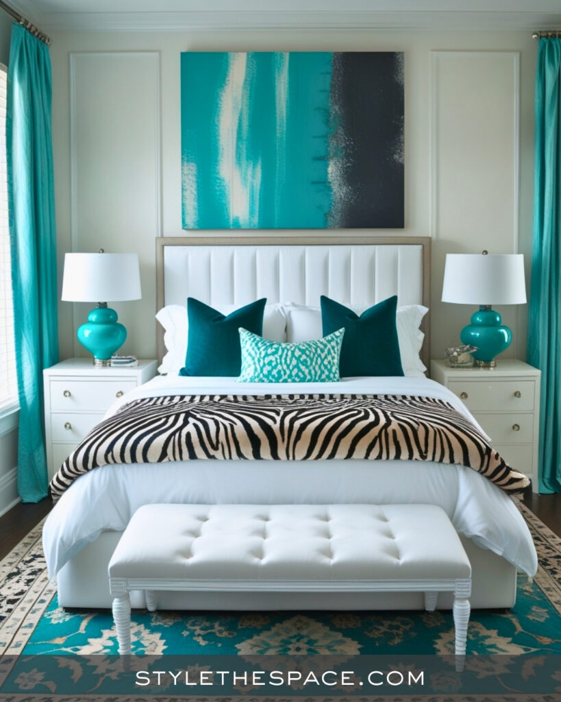 Zebra Print Bedroom With Teal and White Accents