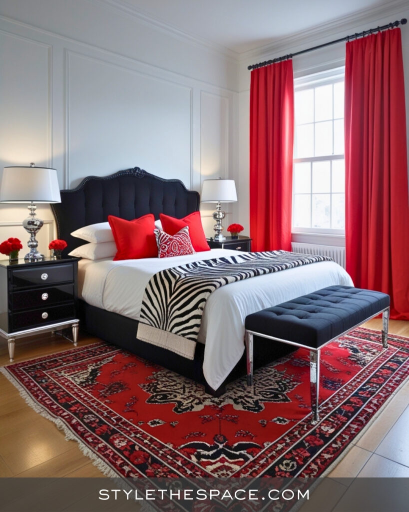 Zebra Print Bedroom With Bold Red Accents