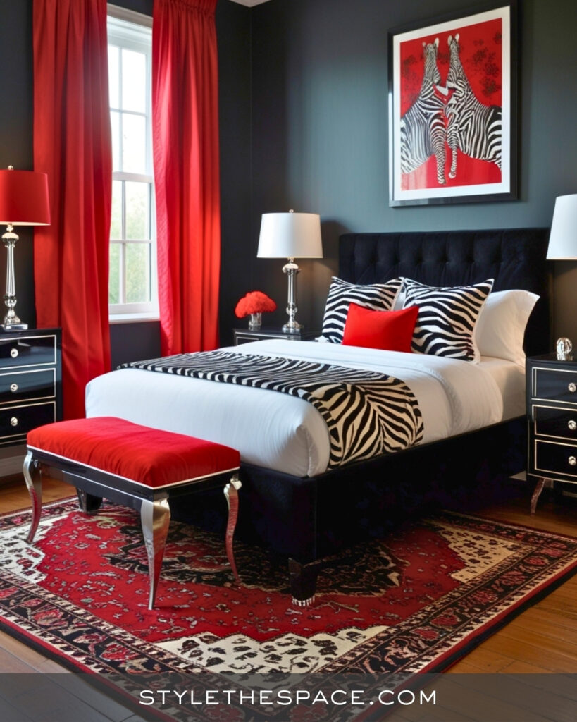 Zebra Print Bedroom With Bold Red Accents